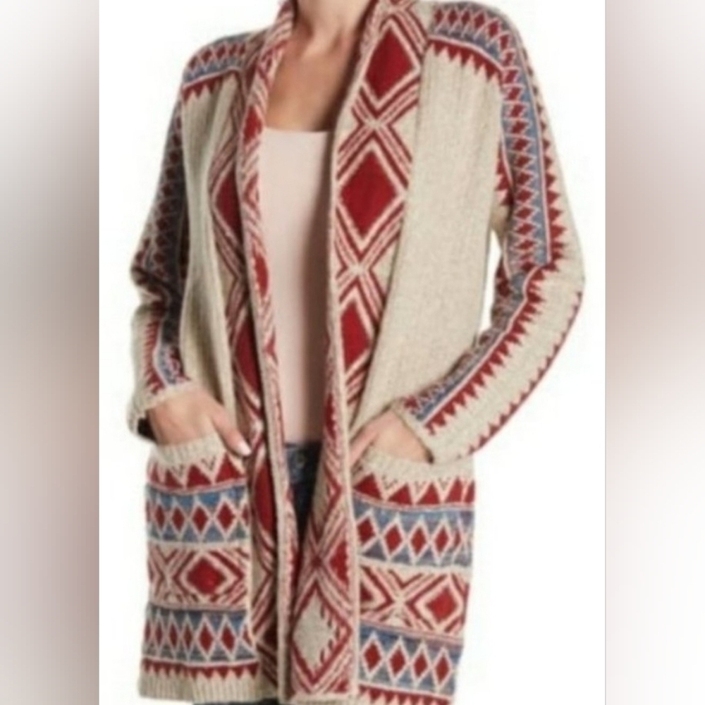 Lucky Brand Cream Red Southwestern Print Open Front Hooded Cardigan